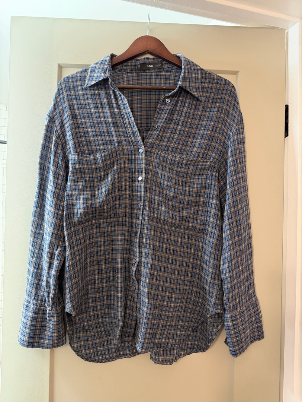 Mango sheer blue plaid shirt